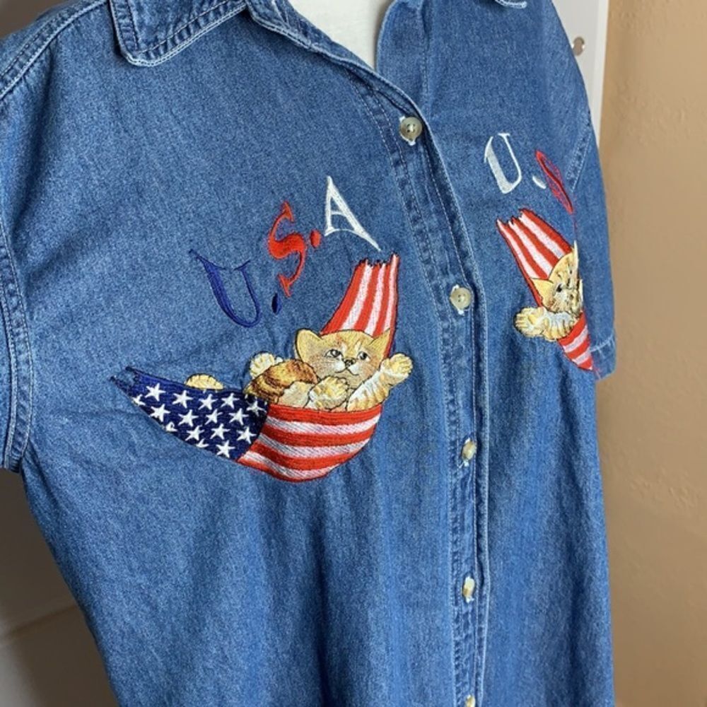 Vintage Cat & USA Embroidered Denim Shirt Size Large